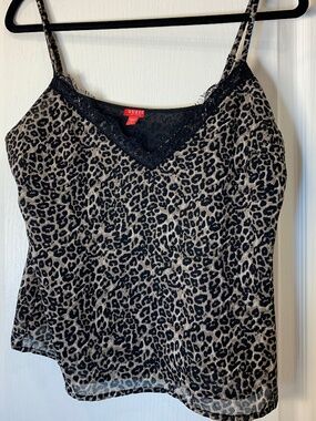 GUESS Leopard Print Lace Trim Cami Tank Top Adjustable Straps Y2K Size Medium